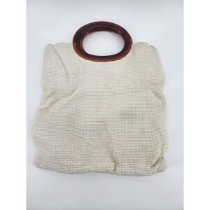 Vintage Woven Burlap Handbag Cream with Tortoise Shell Lucite Ring Handles